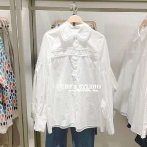 WIS&UR2023秋冬新品女装法式复古百搭打底花边长袖开襟衬衫白衬衫