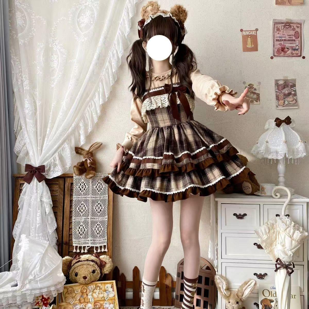 【焦糖可可】秋冬毛呢蝴蝶结lolita大摆格子两段jsk连衣裙