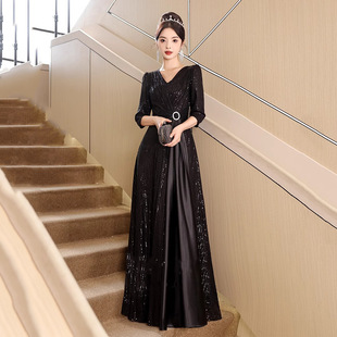 绝美黑色晚礼服女生日派对宴会气质高端轻奢小众高级感主持人礼服