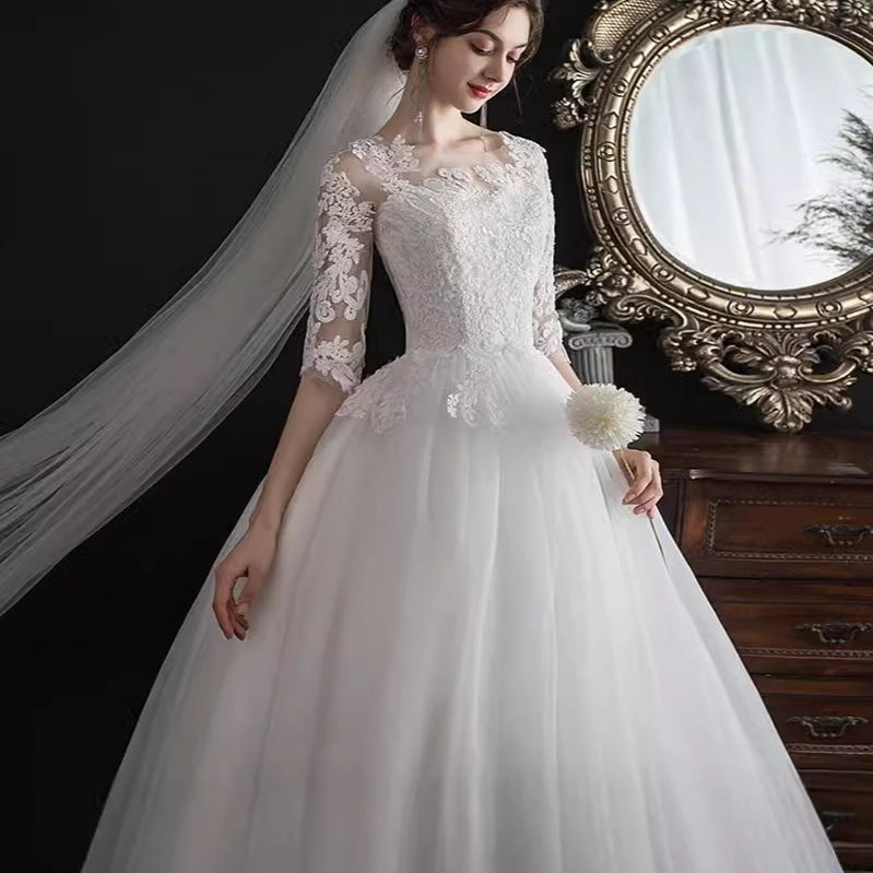 法式轻婚纱晚礼服女气质新娘一字肩长袖森系简约超仙白色主婚纱裙