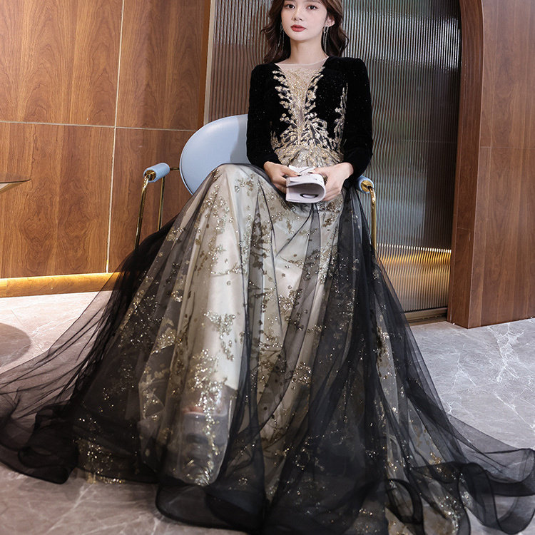 黑色晚礼服女长袖宴会气质名媛高级感年会高贵主持人轻奢小众礼服