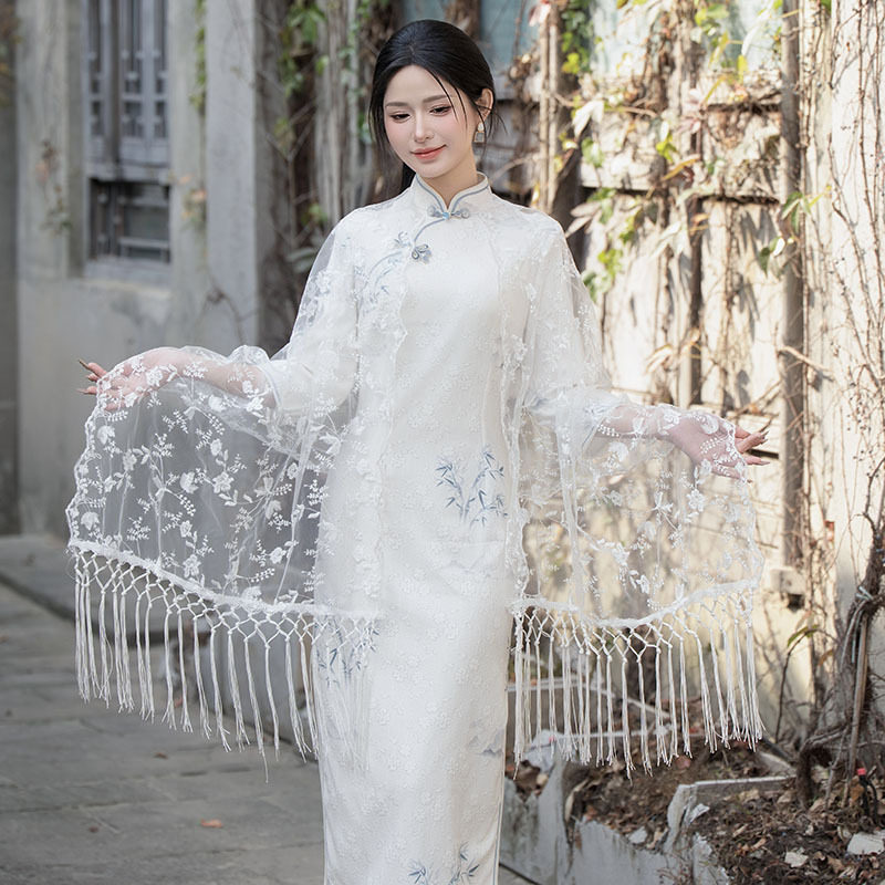 披肩外套旗袍复古蕾丝薄款网纱气质长款民国风镂空开衫斗篷女外搭