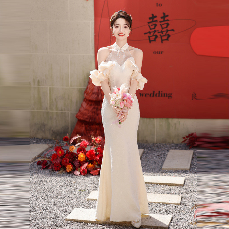 夏季挂脖鱼尾出阁宴订婚礼服裙