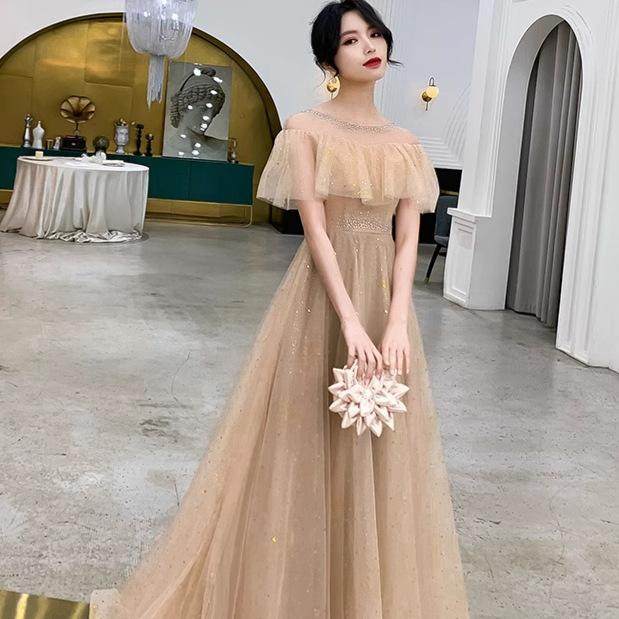 高端宴会晚礼服年会主持人成人礼女气质高级感拖尾长款香槟色法式