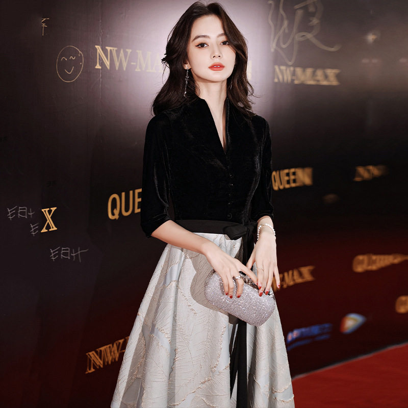 黑色晚礼服裙女夏新款宴会气质轻奢小众高端主持高级感艺考连衣裙