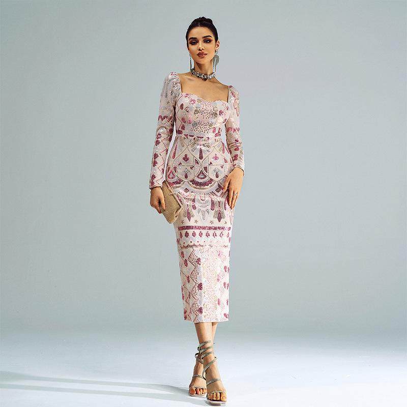 时髦女神 法式晚宴生日年会大码晚礼服女长袖方领亮片刺绣礼服裙