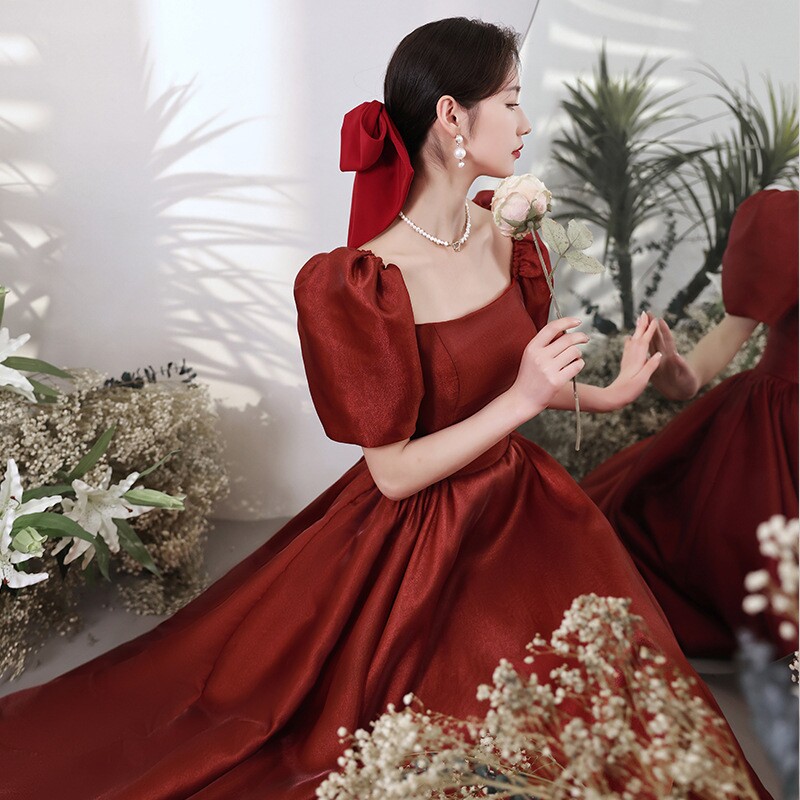 敬酒服新娘订婚礼服女夏季遮手臂酒红色订婚服平时可穿修身晚礼服