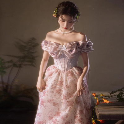 一字肩宴会订婚礼服女复古敬酒服