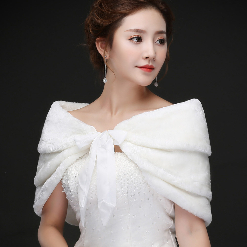 新娘婚纱三层系带毛披肩外套