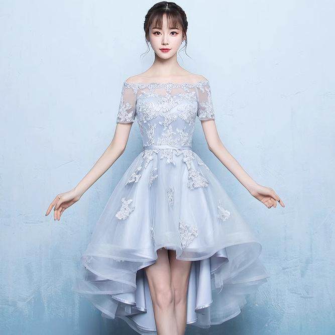 一字肩蕾丝拼接短款小礼服女款气质高级连衣裙主持人晚礼服伴娘服