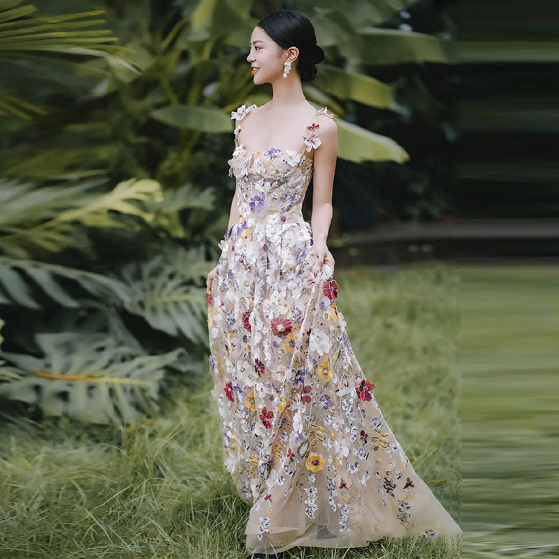 法式花朵吊带晚礼服新娘订婚