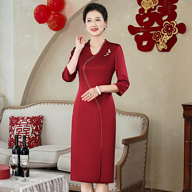 婚礼妈妈晚礼服连衣裙女中国红色