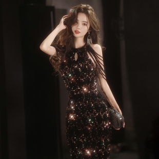 黑色亮闪闪晚礼服裙女轻奢小众高端高级宴会气质名媛主持年会礼服