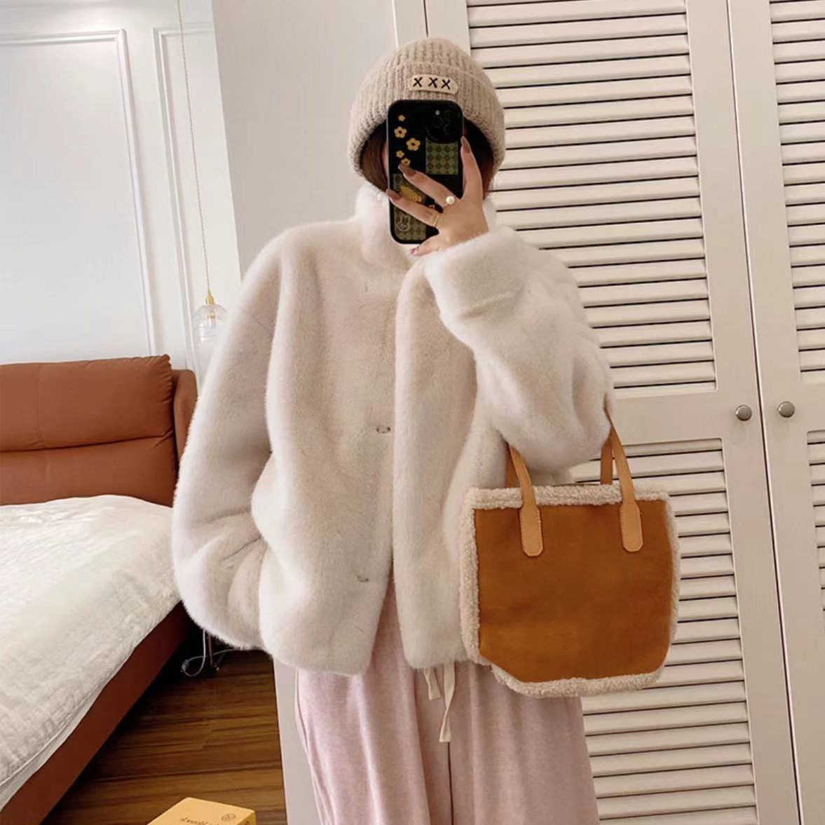 立领加厚皮毛一体外套女
