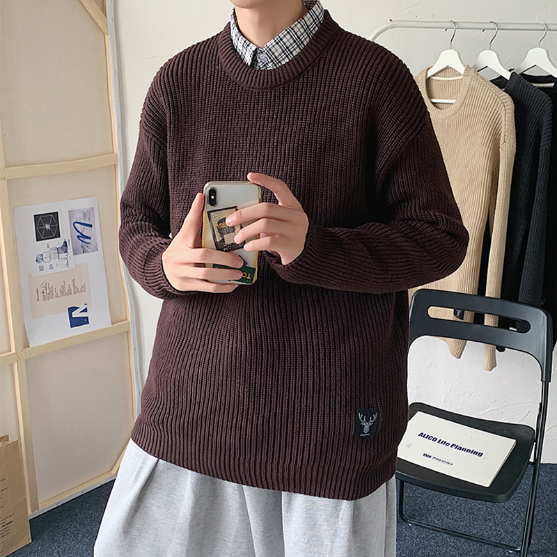 Winter warm men's round neck long sleeve sweater men's thick wool lazy solid color sweater