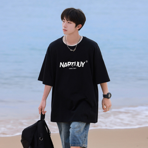 T7580A-P25 控38 高克重2025夏装字母山峰印花圆领短袖T恤图片