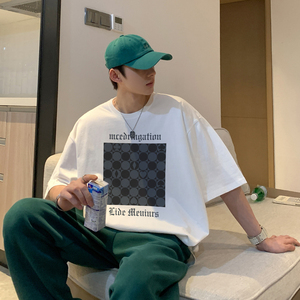 2026夏装棋盘格印花大码圆领短袖T恤港风潮 A025-T7356-P25 控38图片