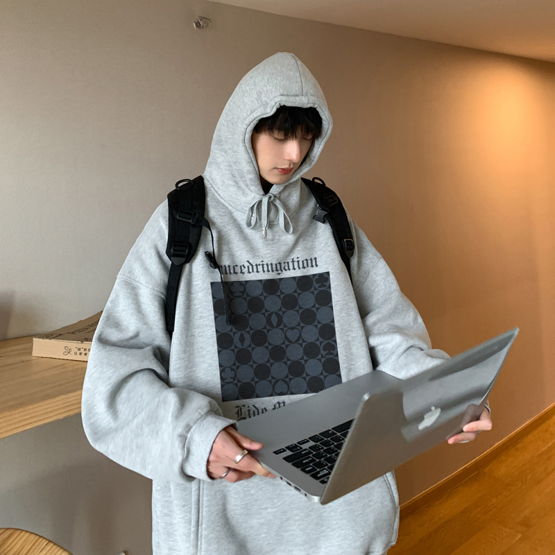 2026冬装新款棋盘格宽松连帽加绒卫衣大码潮A025-W192-P50控68,男装卫衣,电商A025