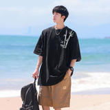 2025夏装新中式竹子印花水洗做旧短袖t恤潮A025-S1011-P35控48，男装T恤，电商A025