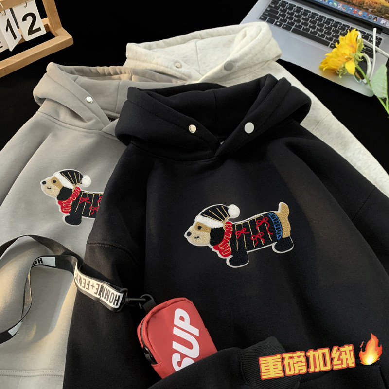 现货毛巾绣腊肠狗圣诞红加绒连帽卫衣A025-W693-P50加绒60控68,男装卫衣,电商A025
