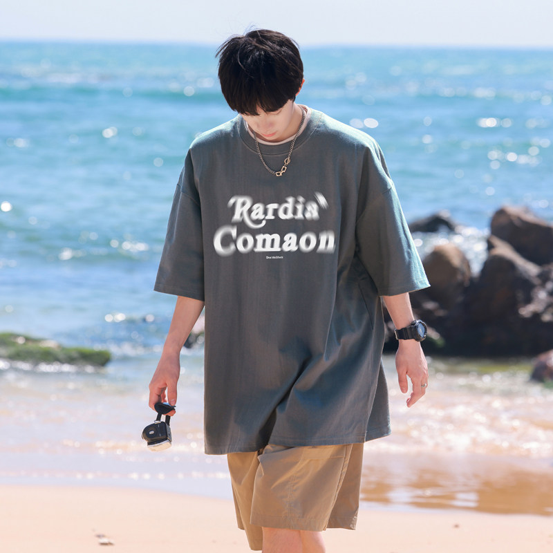 T7579A-P25 控38 2025夏装模糊字母印花圆领短袖T恤纯棉情侣图片