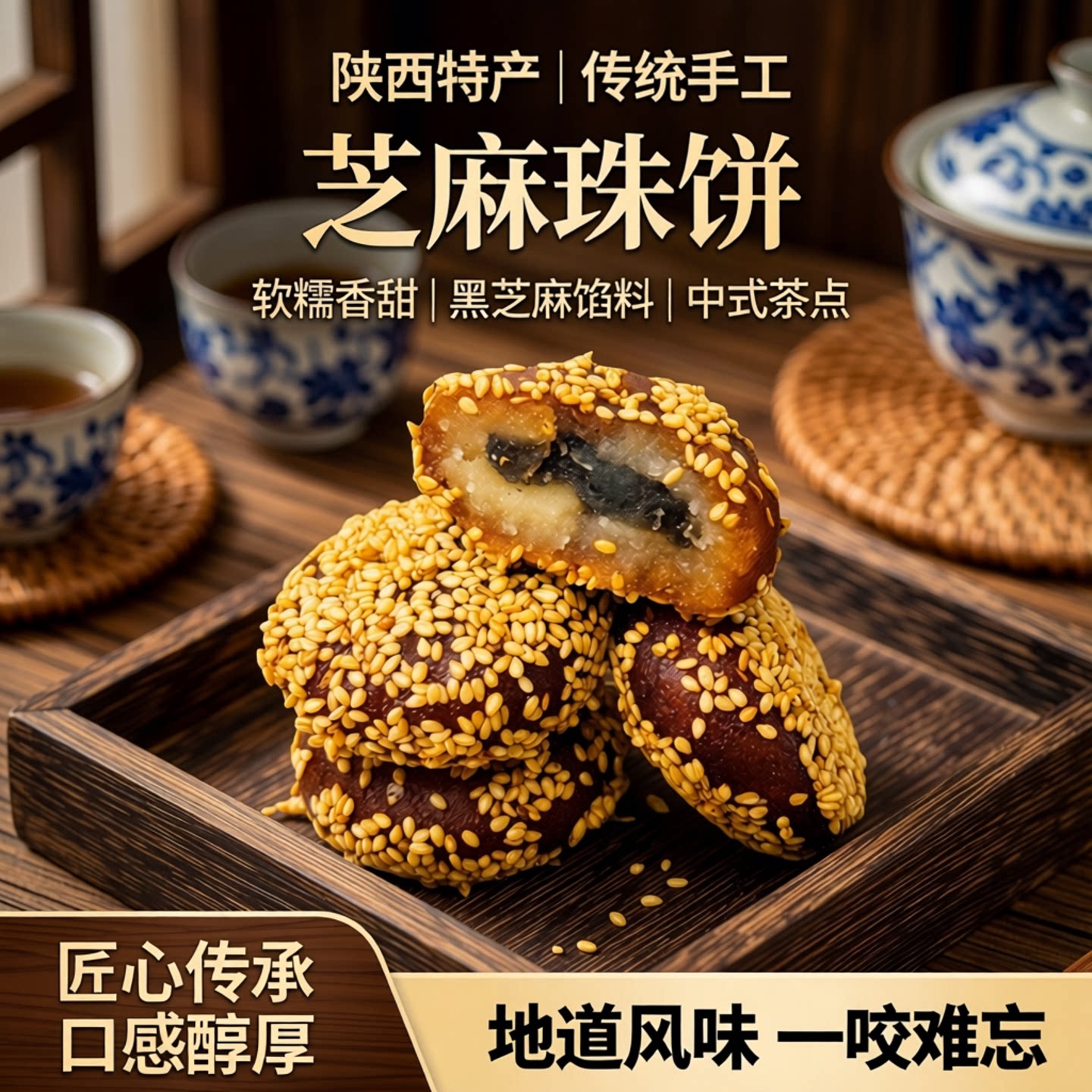 软糯香甜芝麻糕点中式传统糕点茶点心零食芝麻珠饼陕西特产副食