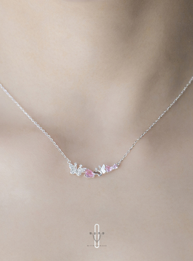 弥音原作蝶恋心语S925纯银粉色水钻锁骨链十字链蝴蝶爱心女友礼物