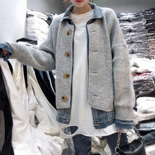 女 毛衣外套牛仔拼接假两件针织开衫 欧洲站初秋2019新款 宽松中长款