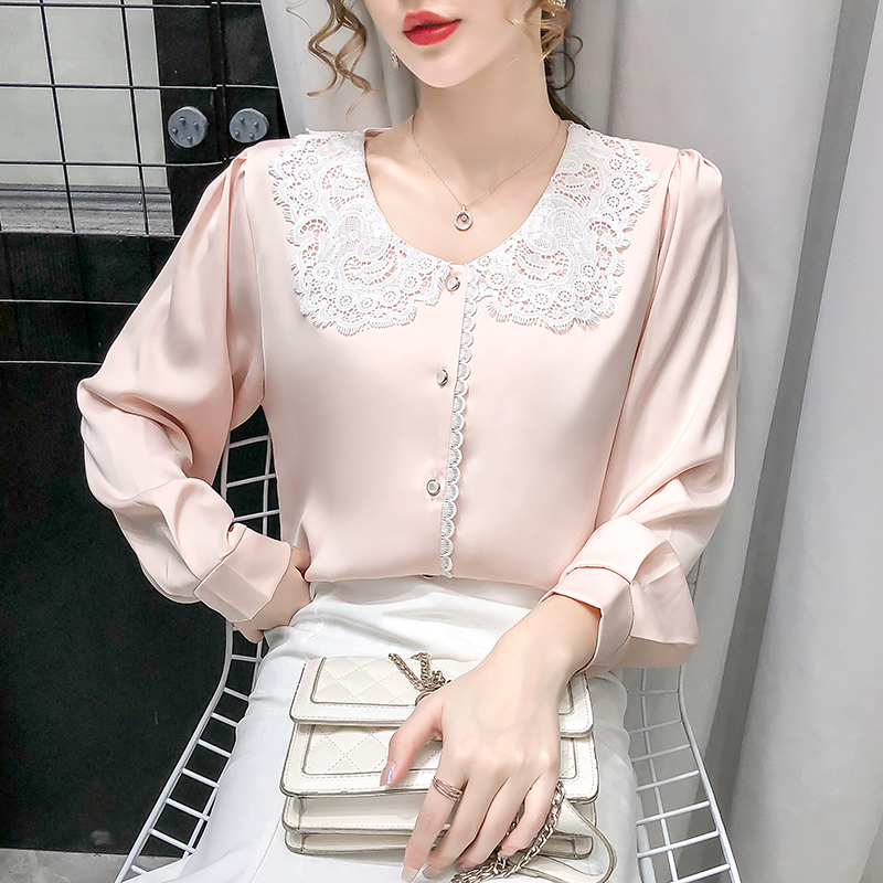 Chiffon shirt women's new fashion in spring 2021 baby collar lace shirt shows thin and foreign style long sleeve loose top