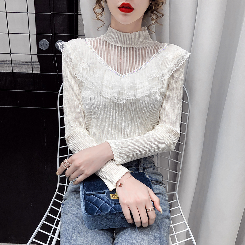 Lace stitching half high collar base shirt with new style of autumn and winter Ruffle net top and long sleeve T-shirt