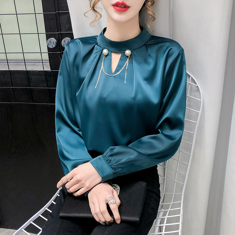 New Korean round neck Satin Long Sleeve Shirt for spring and autumn 2020