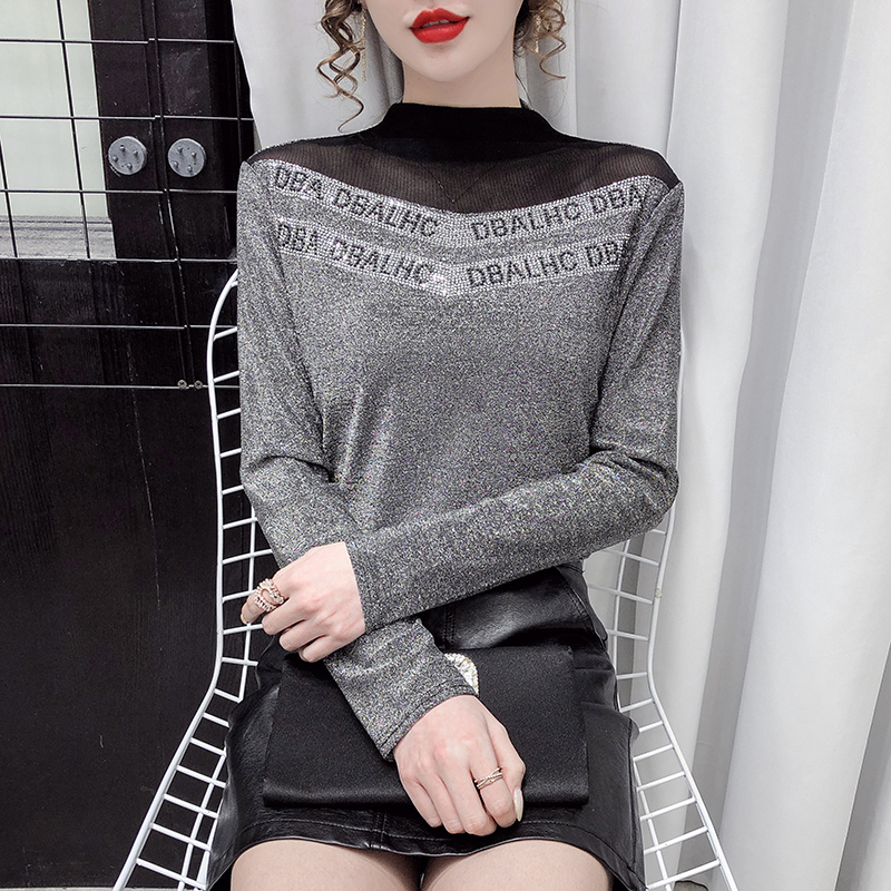 Design feeling 2021 spring golden velvet hot drill T-shirt half high collar base shirt mesh stitching slim top women's fashion