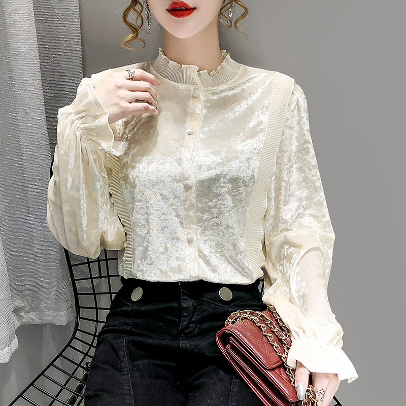 French design niche 2021 spring new retro pleated lace standing collar VELVET LONG SLEEVE SHIRT TOP