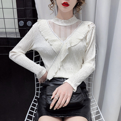 Mesh stitching Ruffle bottomed shirt for women's 2021 spring dress with western style half high collar T-shirt