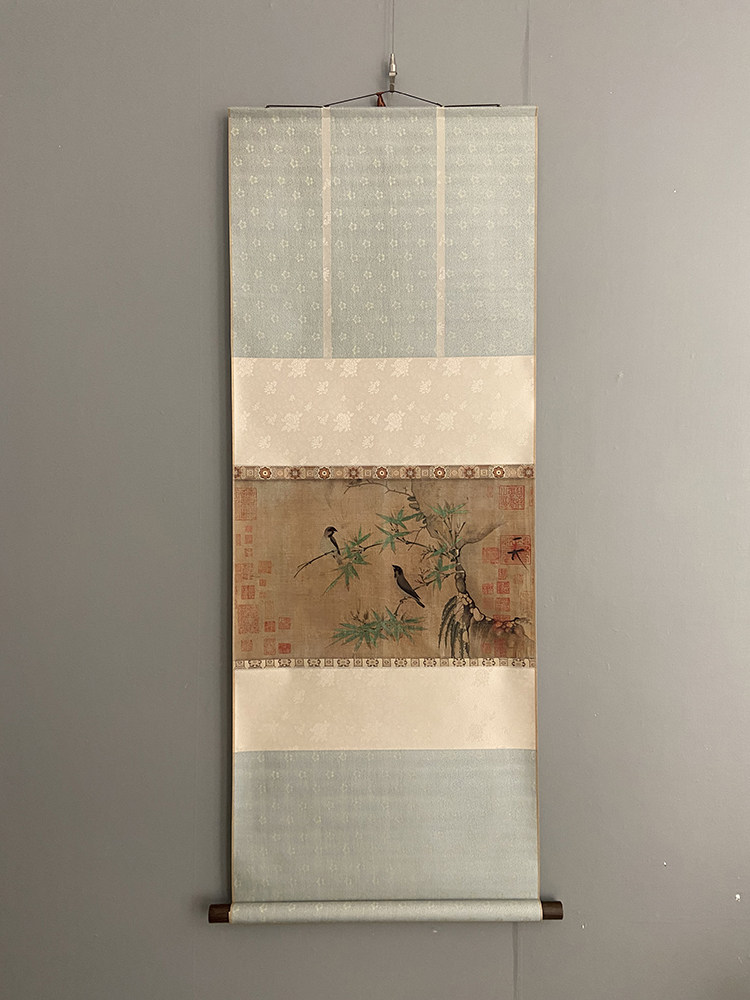 国画新中式装饰画微喷复制画宣和裱挂轴檀木轴头 赵佶 竹禽图