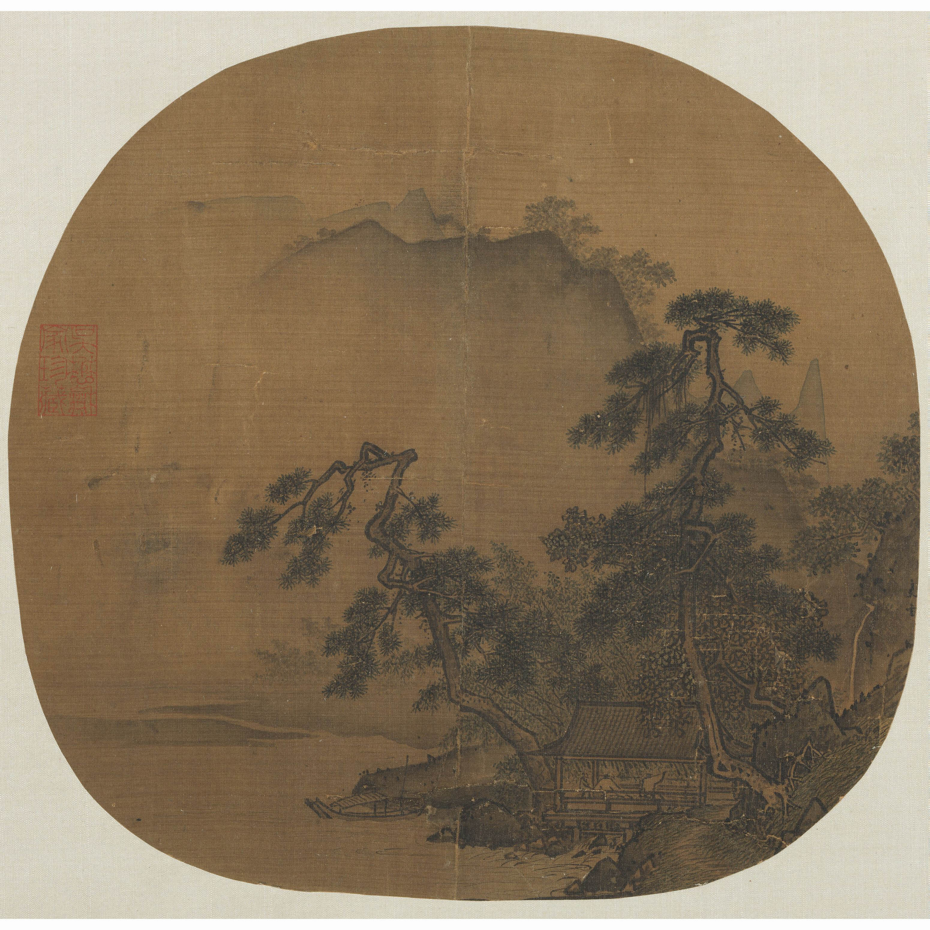 宋夏圭观瀑图28x27cm  古代山水画国画名画复制品仿古画
