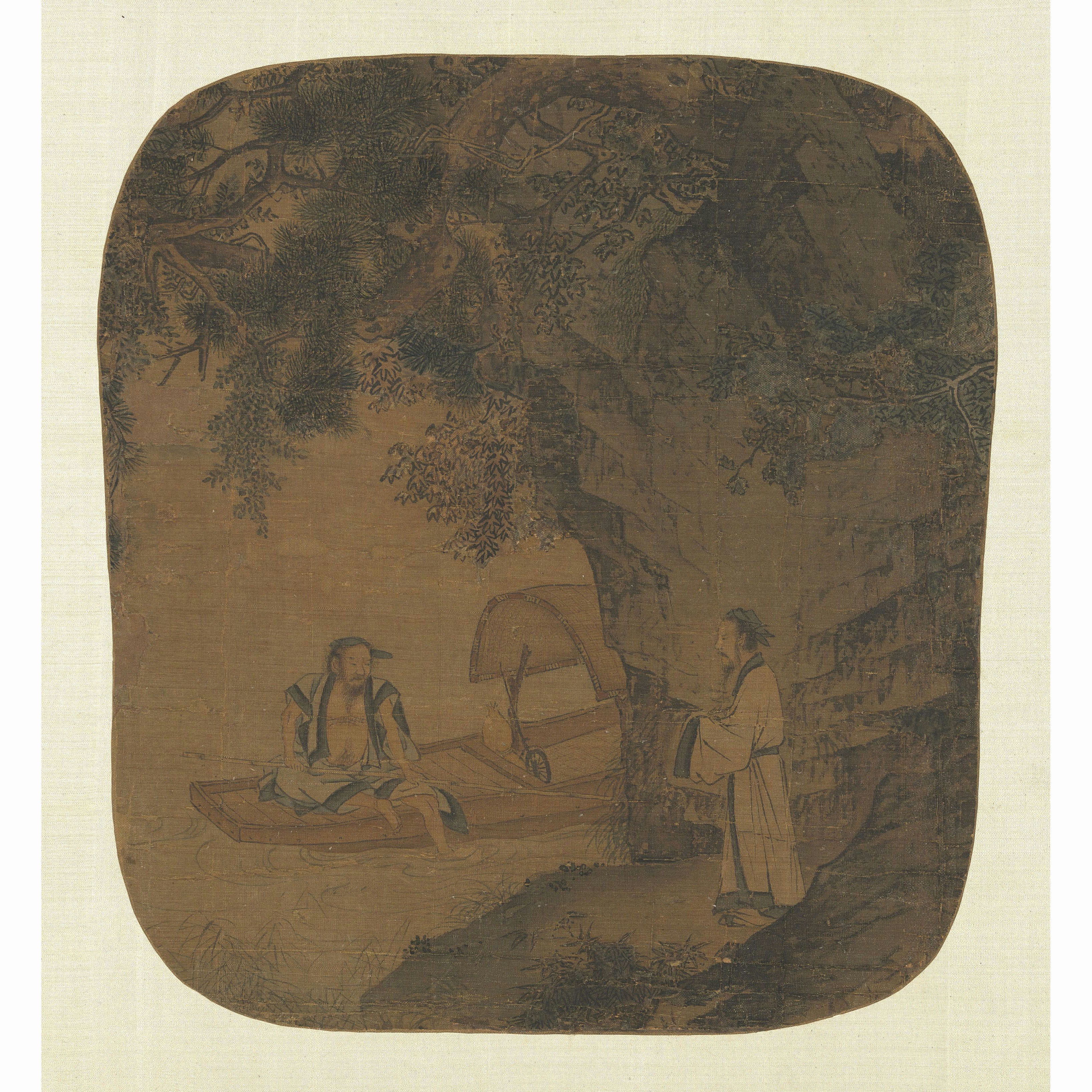 宋佚名溪旁闲话图30x28cm  茶室背景墙禅意挂画宋代小品山水画