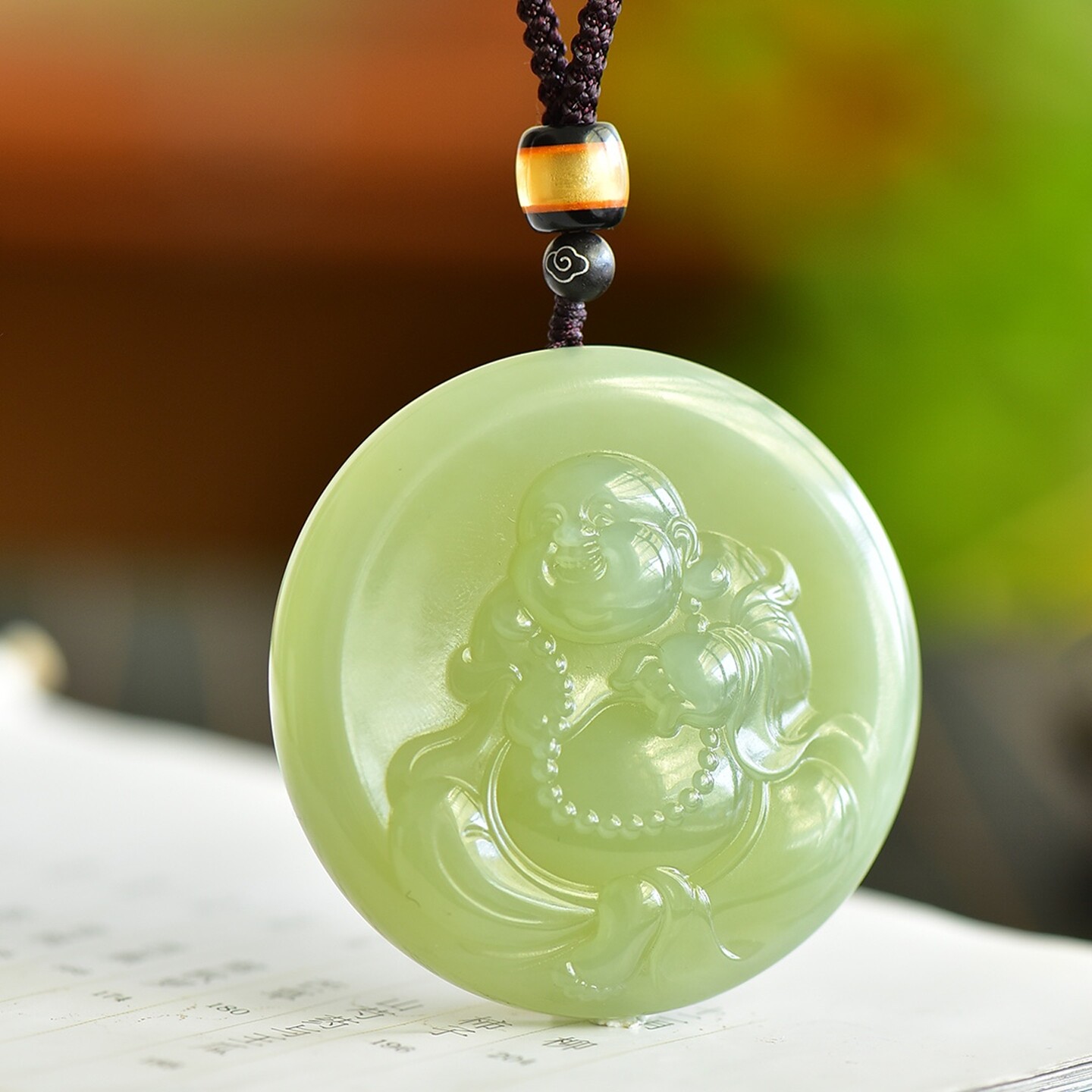 天然和田玉青玉佛公吊坠圆牌弥勒佛挂件玉坠笑佛项链玉佩玉佛玉器