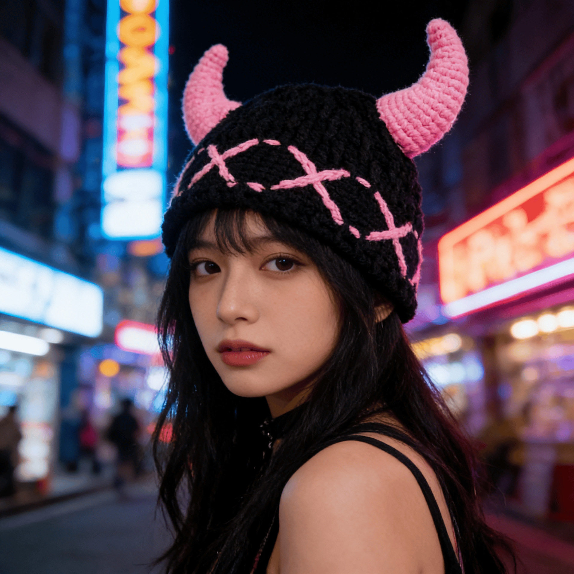 亚比风小恶魔牛角毛线帽子秋冬可爱搞怪套头帽甜美加厚手工针织帽