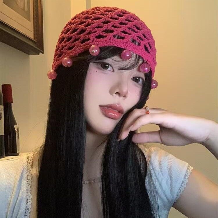 镂空风新款茶花女女包头帽手工编织圆珠春夏针织帽波西米亚系2026