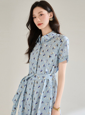 25夏季新款之*禾同款抗皱全棉印花蓝色帆船圆领长款连衣裙18830