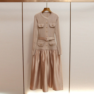 sp家秋冬新款感千金风修身a字针织拼接撞色伞状长款连衣裙女