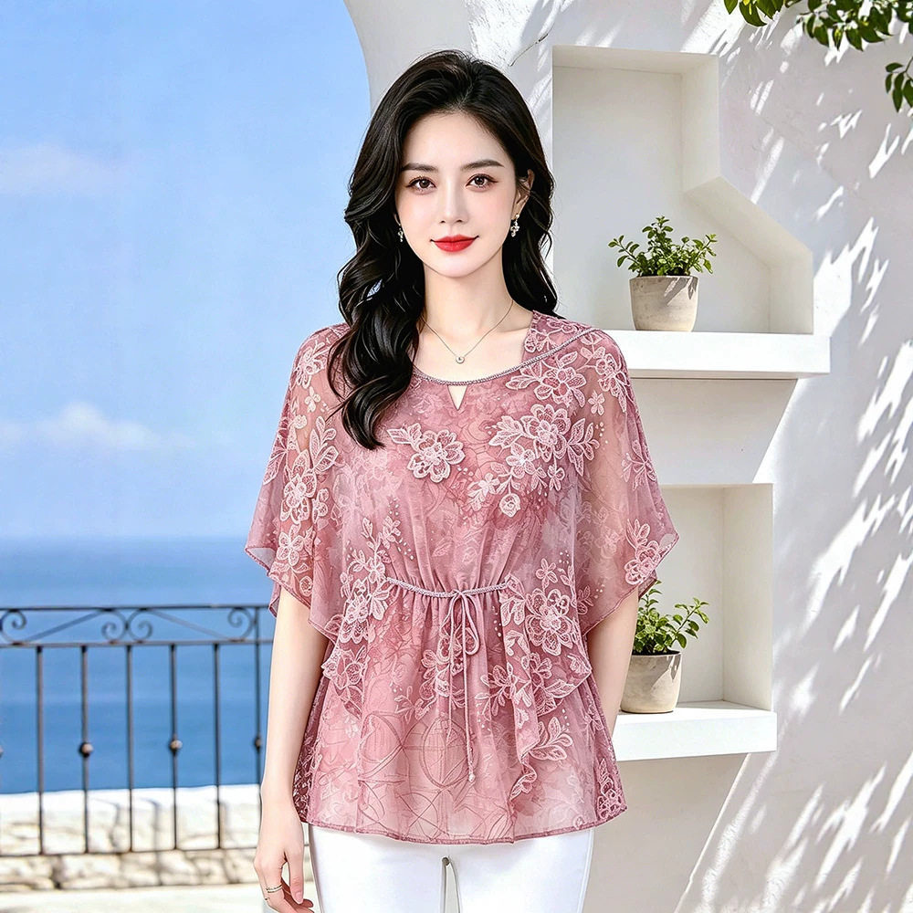 特大码妈妈夏装短袖T恤蕾丝雪纺衫200斤中老年女装上衣宽松中年女