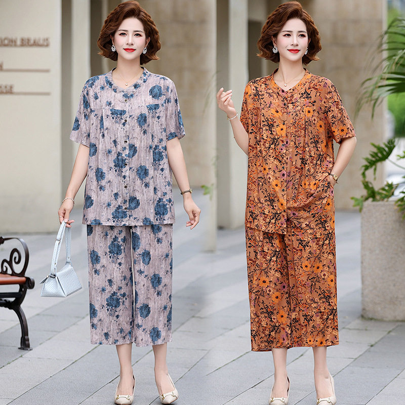 中老年人妈妈夏装短袖棉绸套装