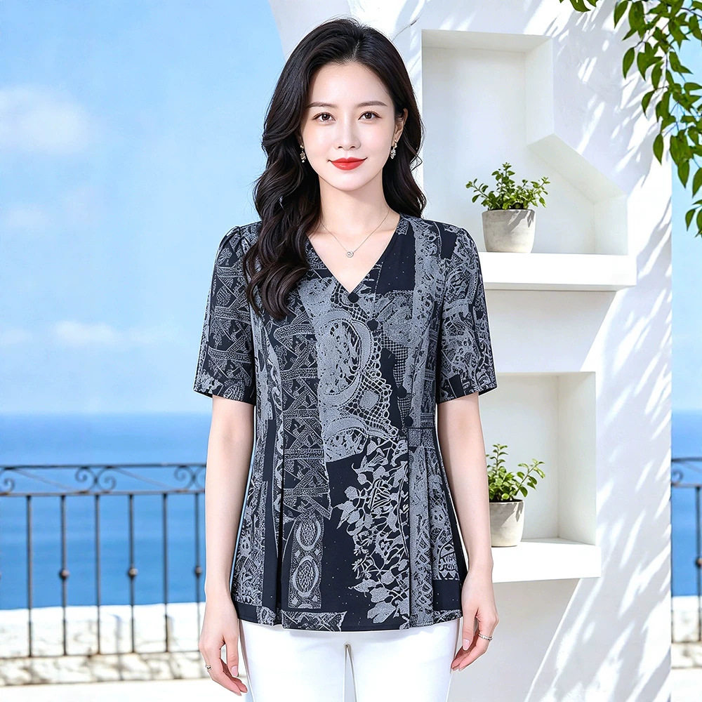 大码女装V领印花短袖上衣胖mm
