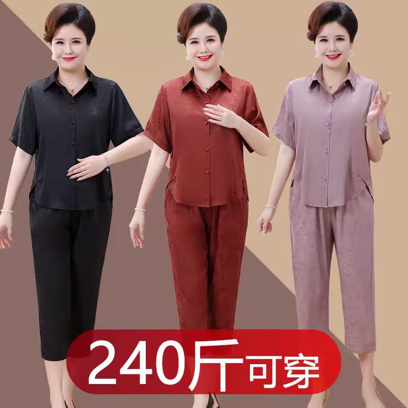 中老年女装夏装短袖衬衫两件套