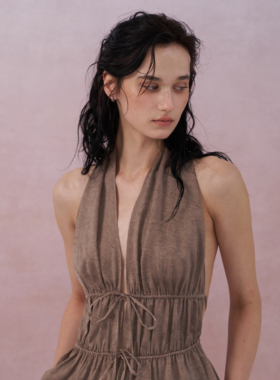 ELIATELIER设计师25SS进口肌理印花原创抽绳褶皱系带露背上衣