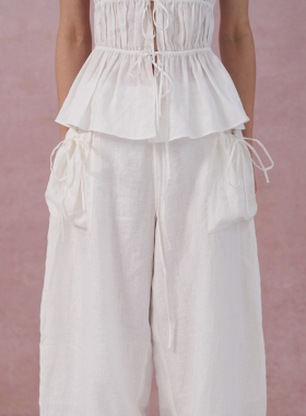 ELIATELIER设计师25SS纯亚麻原创抽绳口袋宽松弯刀裤花苞裤