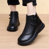 加绒牛皮软底平底奶奶防滑保暖羊毛中老年老人棉鞋 妈妈鞋 冬季 女