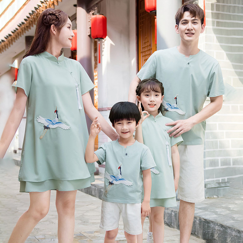新中式汉服亲子装唐装夏季新款中国风一家三口四口母子母女连衣裙